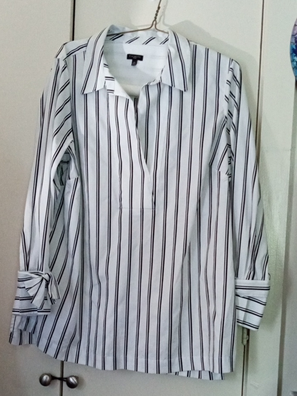 Talbots White and Black Vertical-Stripe Popover Cotton Blend Tunic Blouse 2X